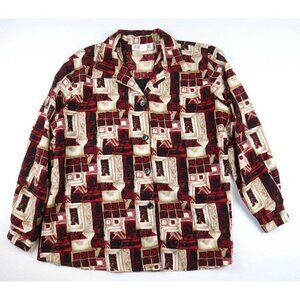WOMEN'S RED BEIGE BLACK PRINT LONG SLEEVE BUTTON-UP TOP - DRESBARN - SIZE 18/20